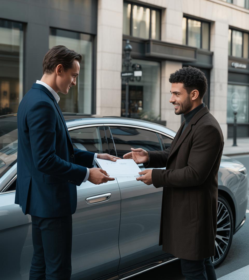 Zwei Männer übergeben Unterlagen neben einem geparkten Auto in Reutlingen